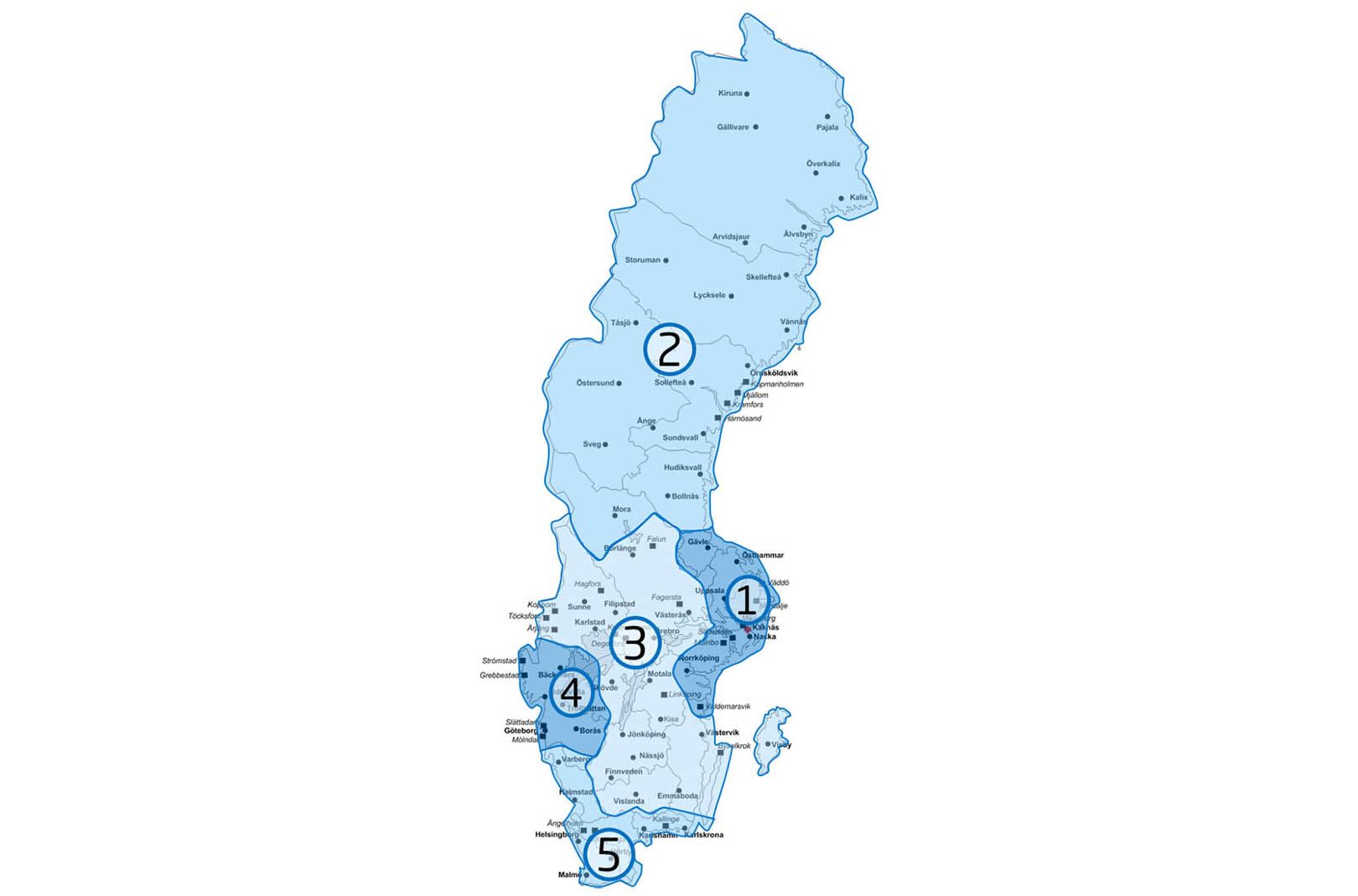 Karta &#246;ver Sverige indelat i fem olika omr&#229;den f&#246;r uppgraderingsetapper