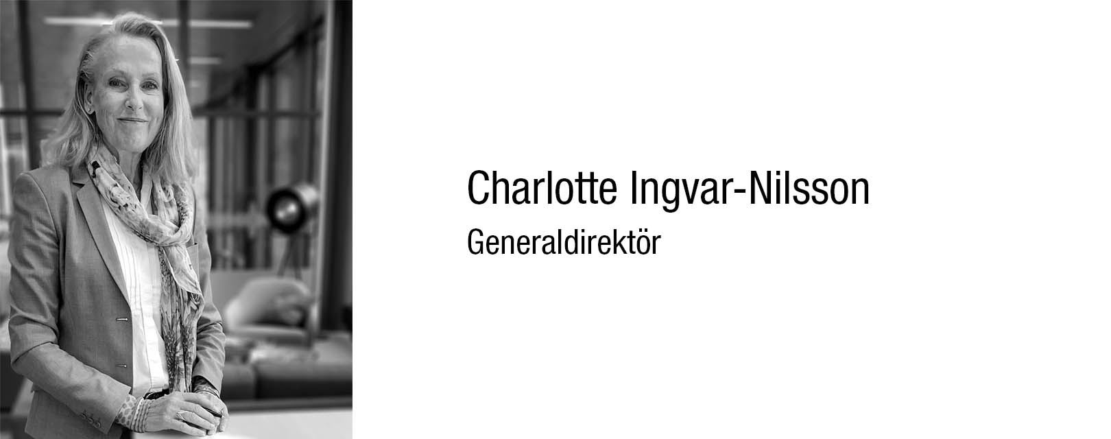 Svartvit halvkroppsbild på Charlotte Ingvar-Nilsson, generaldirektör
